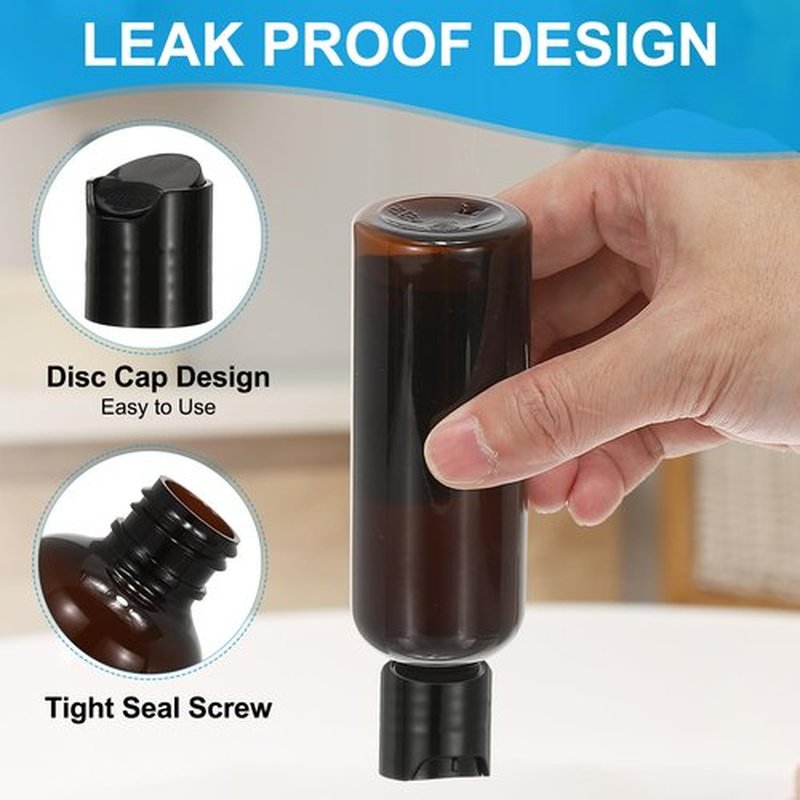 PATIKIL Travel Bottles with Disc Cap, 6 Pcs 3.4 Oz(100ml) Leak Proof Refillable Empty Dispenser Container Squeeze Bottle for Shampoo Toiletries Lotion Cream, Brown