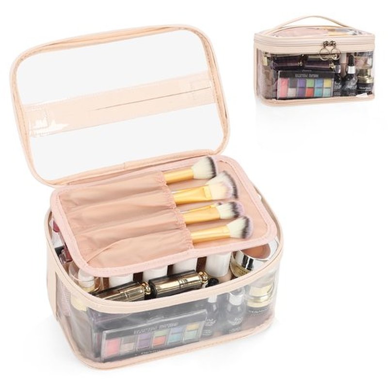 OCHEAL Makeup Bag, Clear Makeup Organizer Bag Portable Cosmetic Bag, Cute Transparent Makeup Case For Women and Girls traveling Storage with zipper Divider Brush Compartment-Clear Beige white
