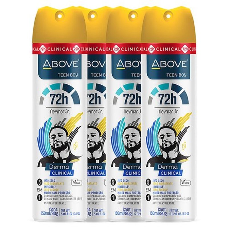 ABOVE 72 Hours Derma Clinical Antiperspirant Deodorant, Neymar Jr Teen Boy, 4 Pcs - Deodorant for Teens - Patchouli and Oak Musk Notes - Dry Spray