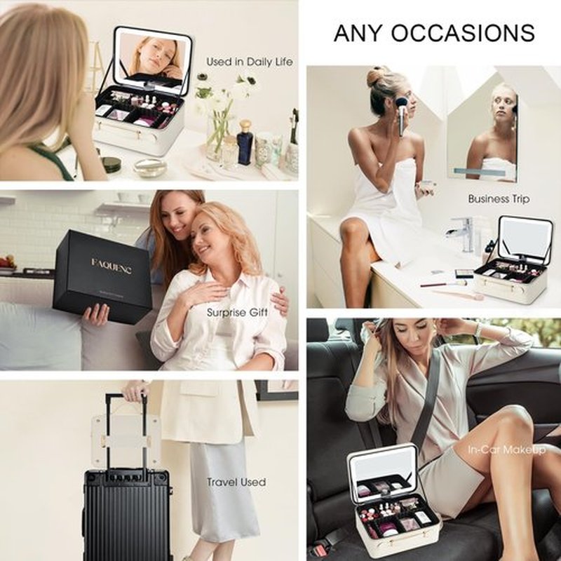 Faquenc Leather Makeup Case with LED Lighted Mirror 11.4 Inch Travel Makeup Bag Adjustable Brightness in 3 Colors Cosmetic Organizer Artist Storage Bag with Dividers Brush Holder Bag Present Box White