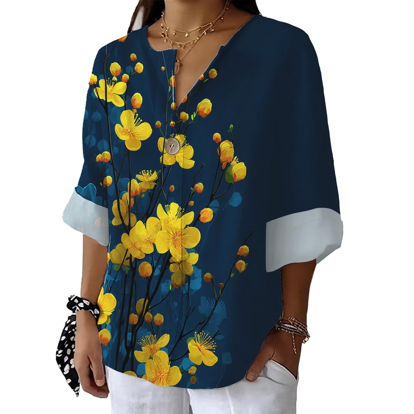 Xernbit Floral Bird Graphic Shirt Womens Casual Blouse Summer Fashion 3/4 Sleeve V Neck Tops Comfy Loose Lightweight Pullover Daily Clothing with Button Yellow Floret Blue S