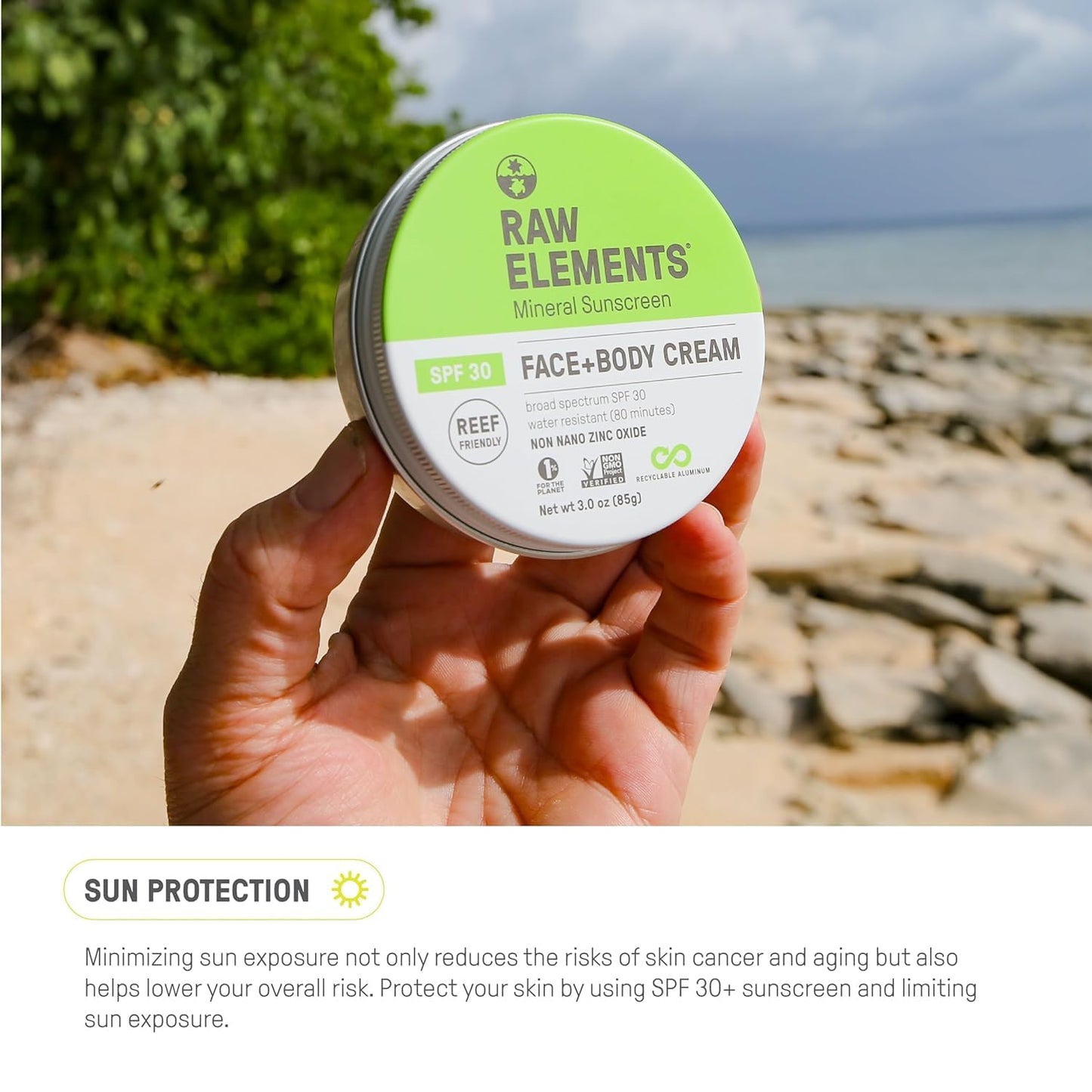 Raw Elements Baby & Kids SPF 30 Organic Sunscreen Tin, Non-Nano Zinc Oxide, Reef-Safe, Cruelty-Free, Gluten & Nut Free, W/Face and Body Mineral Sunscreen Tin, Water Resistant, Plastic Free, 3 oz