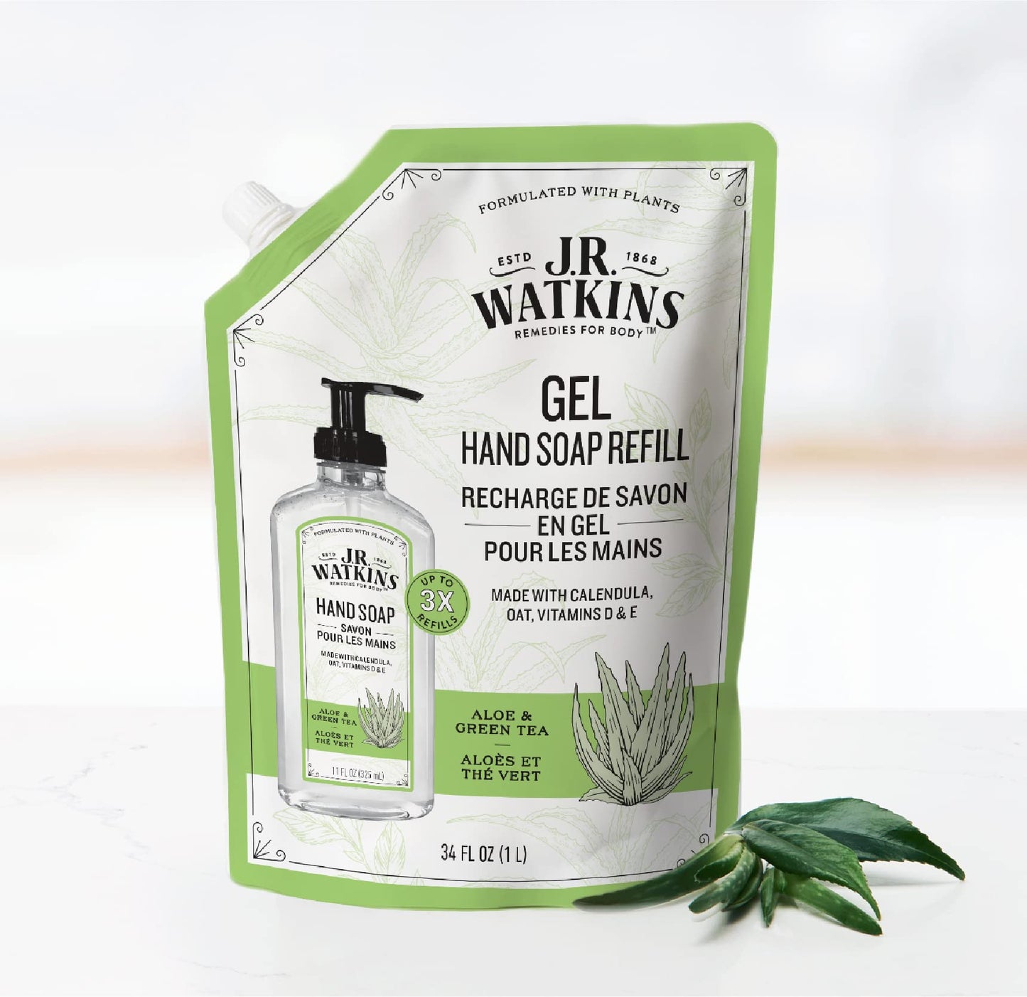 J.R. Watkins Gel Hand Soap Refill Pouch, Scented Liquid Hand Wash for Bathroom or Kitchen, USA Made and Cruelty Free, 34 fl oz, Aloe & Green Tea, 2 Pack
