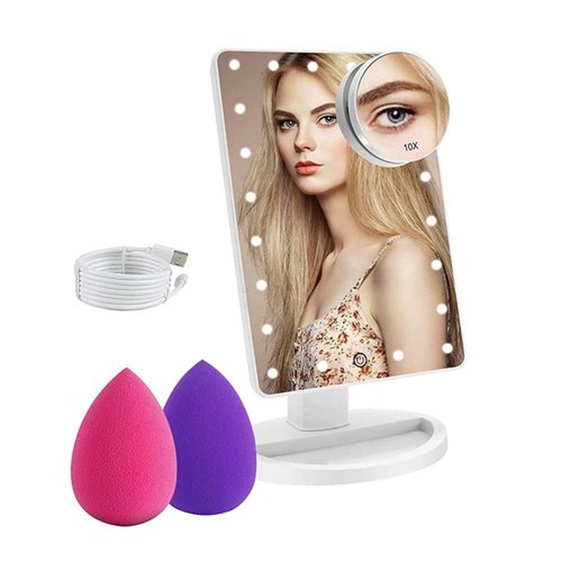 COSMIRROR Lighted Makeup Vanity Mirror with 10X Magnifying Mirror and Makeup Sponge, 21 LED Light Up Mirror with Touch Sensor Dimming, 180°Free Rotation, Dual Power Supply, Portable Cosmetic Mirror