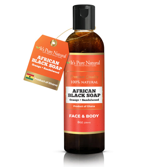 It's Pure Natural African Black Soap, Liquid Form, Traditional Handmade Raw Soap with Shea Butter and Coconut Oil, Face and Body Cleanser, (8oz, Orange + Sandalwood)