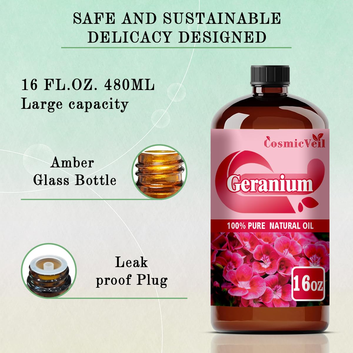 Geranium Essential Oil Geranium Oil for Aroma Diffuser,Humidifier,Home Fragrance,Cleaning,Body Care,Massage,Yoga,DIY Candle,DIY Soap CosmicVeil（Geranium，16 Fl Oz (Pack of 1)）