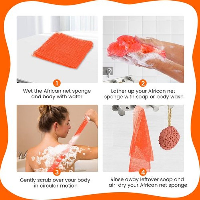 ZOCY African Net Sponge, Authentic Exfoliating Body Scrubber for Bath and Shower, Multiple Textures with Gentle Deep Exfoliating and Rich Lather for All Skins (Orange)