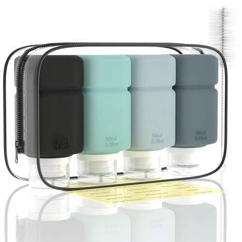 Travel Bottles for Toiletries, TSA Approved Travel Size Containers for Shampoo Conditioner Lotion Body Wash, BPA Free Travel Toiletry Bottles With Clear Toiletry Bag, Cleaning Brush Label (4 Pack)
