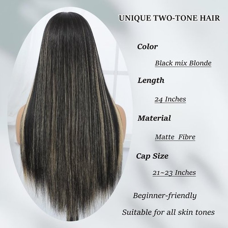 Amarlis Black with Blonde Wigs for Women, Long Straight Stripes Color Wigs with Bangs, Natural Looking Soft Synthetic Fiber Wig for Daily Party
