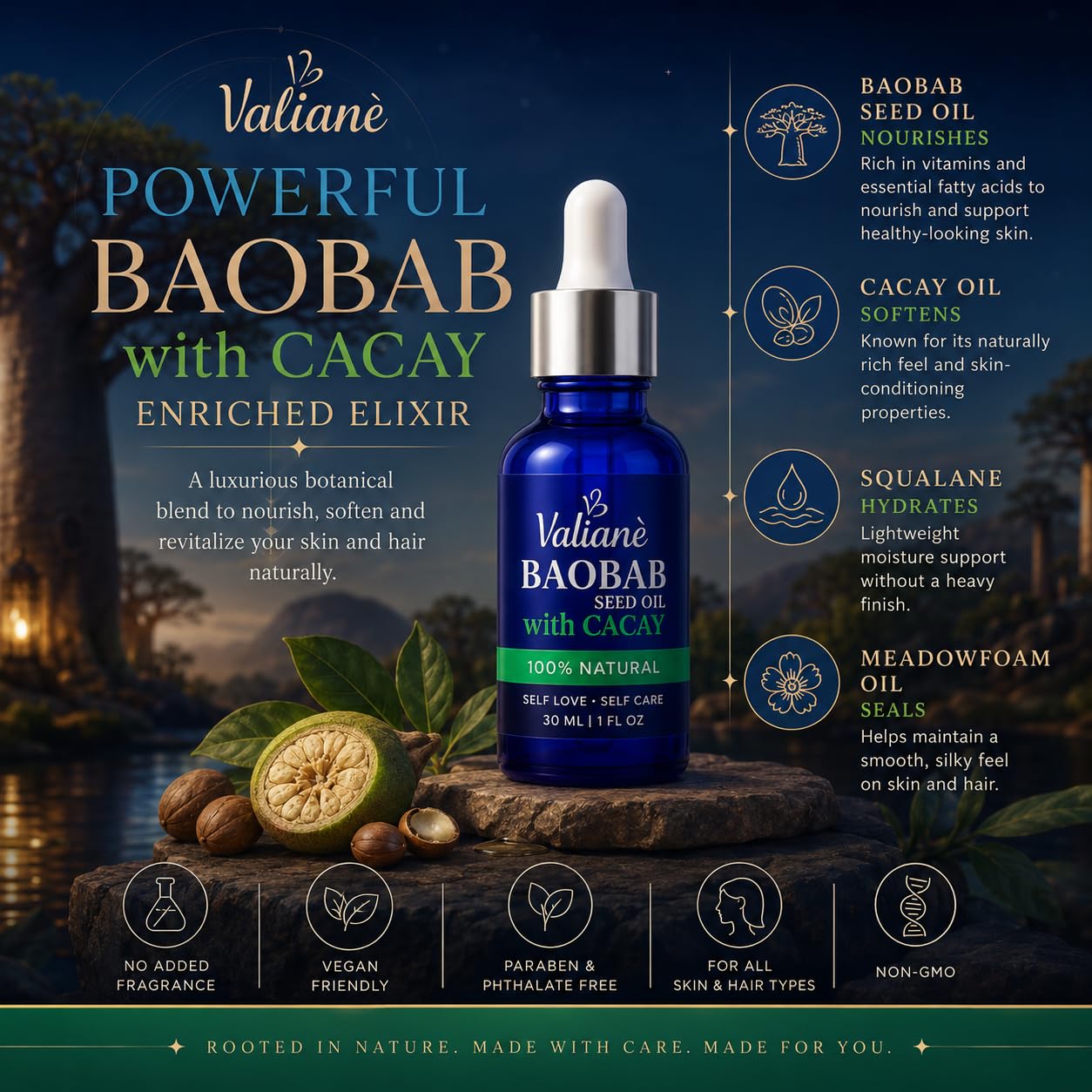 VALIANÈ Gua Sha Oil Premium Hydrating Facial Serum with Baobab + Cacay - Face Moisturizer and Massage Glide for Hair, Beard, Scalp, Body and Nails - Fast Absorbing Natural Blend, 1 fl oz