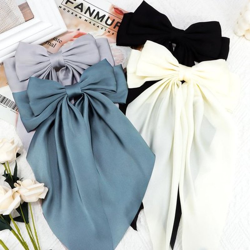 Atoden Hair Bows Silky Satin Bows for Hair Ribbons 4Pcs Coquette Oversized Long Tail Hair Bow Clips Barrettes Big Bowknot Hair Accessories for Women Girl Trendy Stuff Gifts (Beige Grey Black)