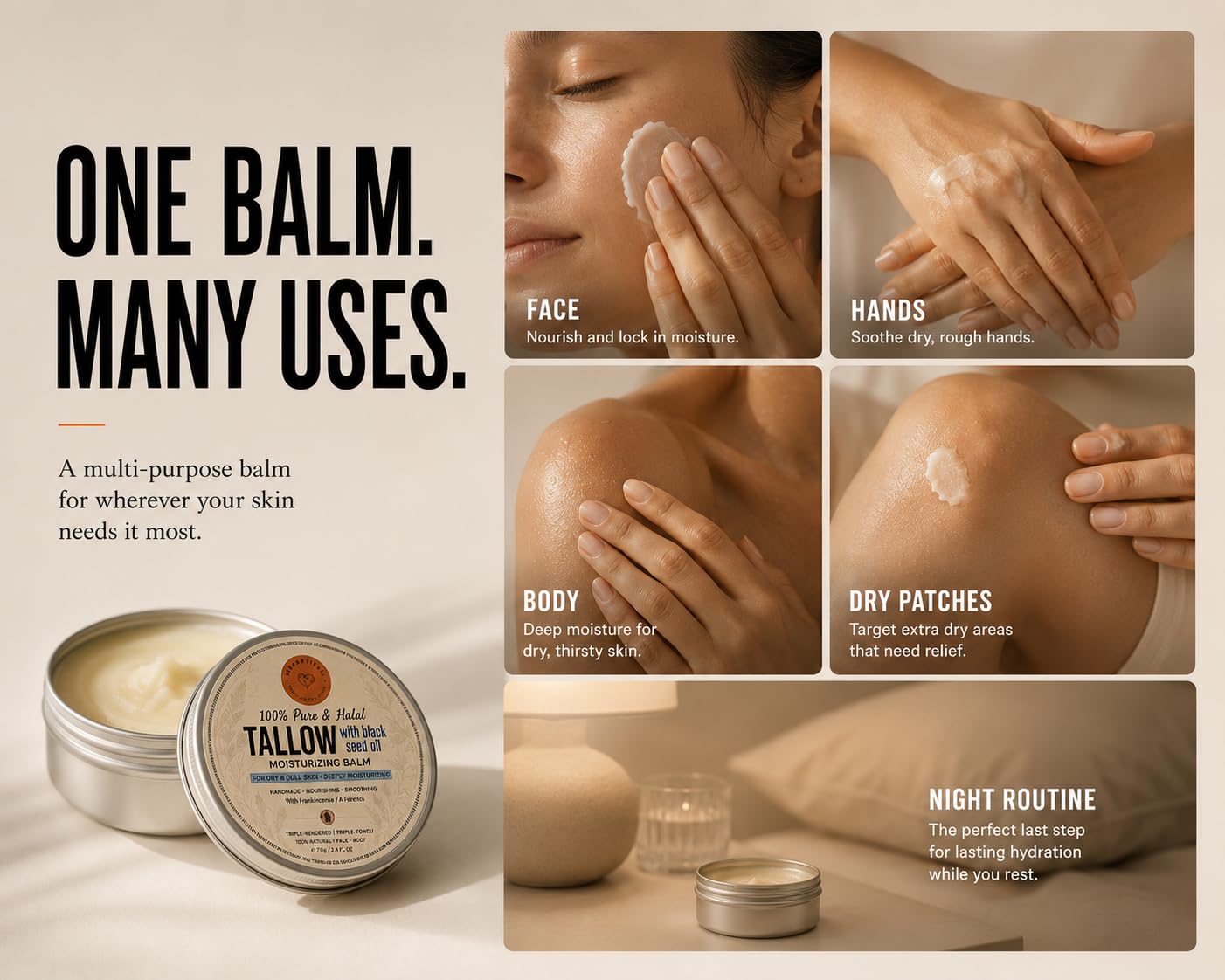 Hearthical Halal Grass Fed Beef Tallow For Skin – 70g Organic Beef Tallow Moisturizer – Beef Tallow Face Moisturizer & Beef Tallow Face Cream – Pure Beef Tallow Balm with Black Seed and Jojoba