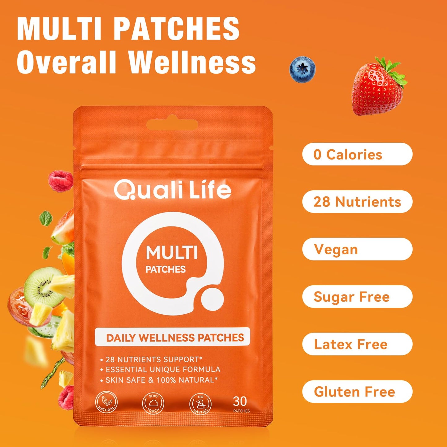 QualiLife Multi Plus Topical Patch for Women & Men, Essential Daily Healthy Patches with D3&K2 for Hours Release, 28 Nutrients with Iron Support, 30 Days Supply