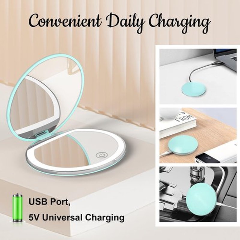 Kakuje Compact Mirror with Light, 1X/3X Magnification LED Pocket Mirror with USB Data Cable,Mini Mirror for Purse, Pocket,Travel and Present (Mint Green)
