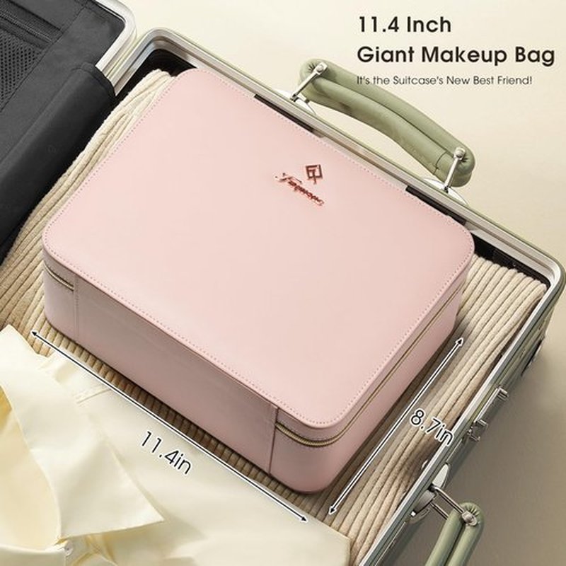 Faquenc Leather Makeup Case with LED Lighted Mirror 11.4 Inch Travel Makeup Bag Adjustable Brightness in 3 Colors Cosmetic Organizer Artist Storage Bag with Dividers Brush Holder Bag Present Box Pink