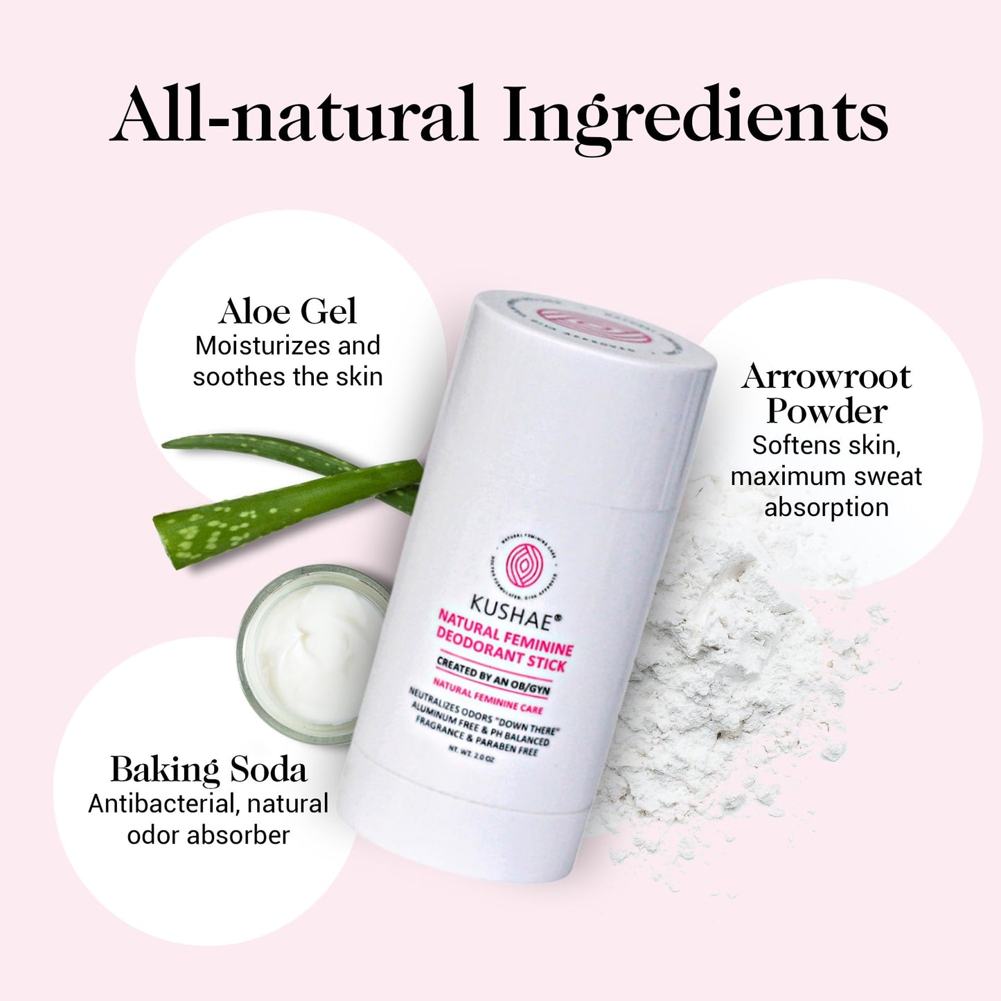 Kushae Natural Feminine Deodorant Stick for Women, Aluminum Free, All Natural Unscented and Fragrance Free Solid Deodorant Stick, 2 oz