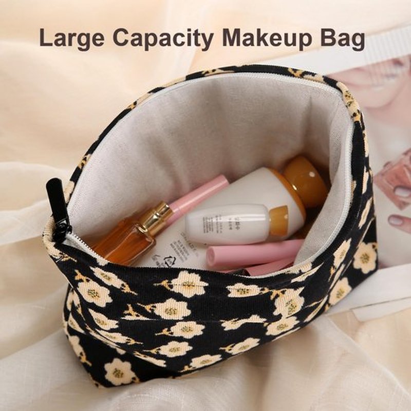 Wudimeitt Cosmetic bag Makeup bag Preppy Cute Corduroy Toiletry bag for women travel essentials (Flower black)