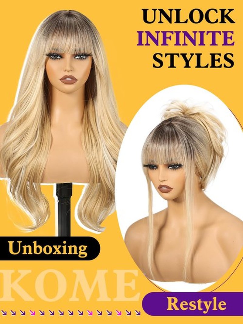 KOME Ombre Blonde Wigs with Bangs,Blonde Layered Wig for Women,Long Wavy Wigs Synthetic Hair Wig for Party Daily Use 26IN