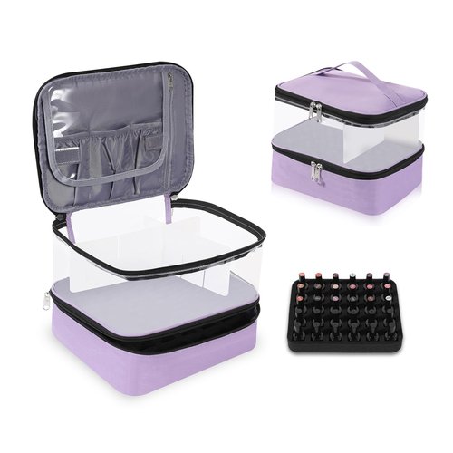 Clear Nail Polish Organizer Double layer Nail Polish Holds 30 Bottles and Nail Lamp, Nail Dryer Case Storage Supplies with Adjustable Dividers, Portable Nail Carrying Bag for Nail Tech (Purple)
