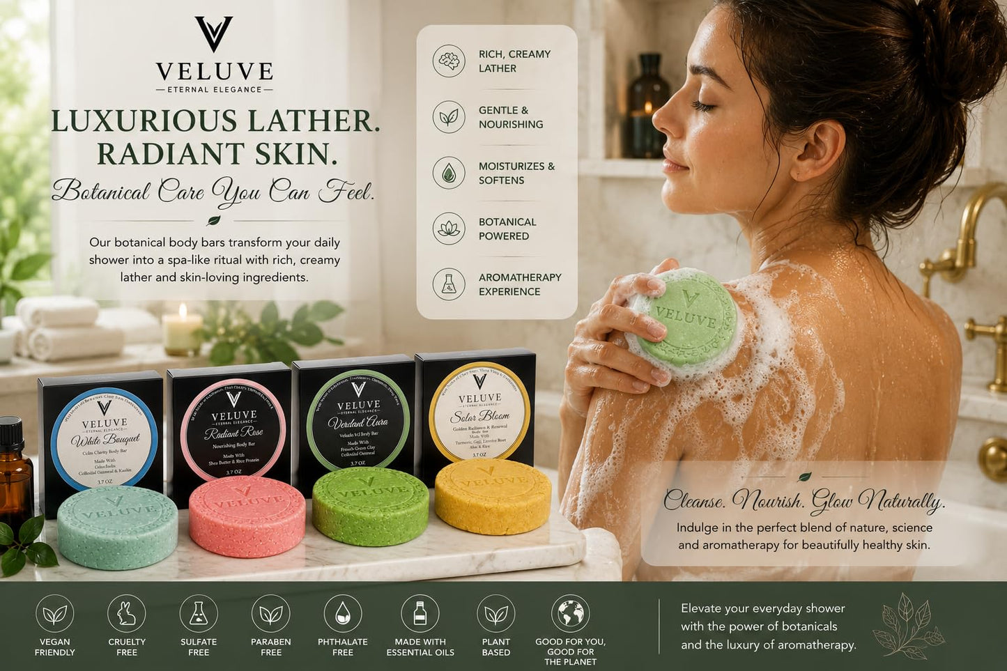 Veluve Non Drying Body Bar Midori Rain - High-Lather Botanical Cleansing - Essential Oil Infused, Plastic-Free Premium Soap 3.7 oz