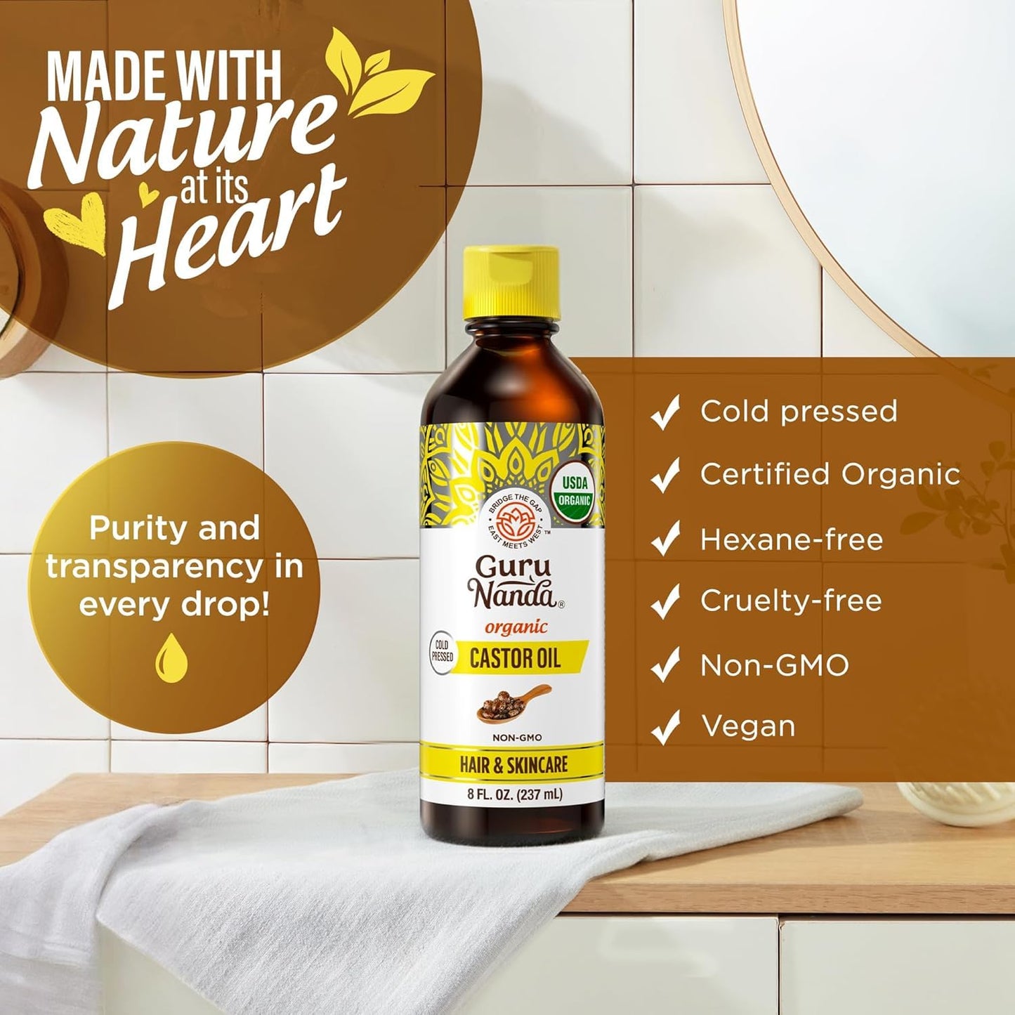 GuruNanda Castor Oil Organic USDA Certified (8 Fl oz) - 100% Pure & Natural, Cold Pressed & Hexane-Free, Hydrating Carrier Oil for Skin, Hair, Eyebrows & Eyelashes Growth