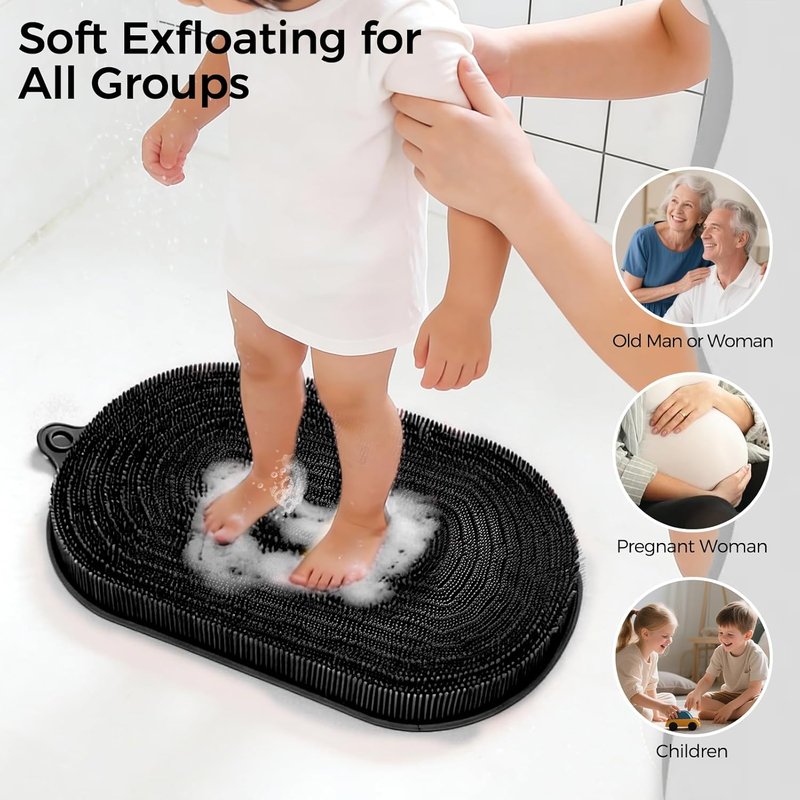 Wall Back Scrubber - Silicone Exfoliating Bath Mat with Non-Slip Suction Cups | 20.9"x13.8" Black