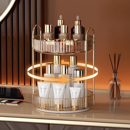 YCIA&DONE 360 Rotating Makeup Organizer and Storage for Vanity Countertop 2 Tiers, High Capacity Cosmetic Skincare Perfume Organizer for Dresser Bathroom Lazy Susan Organizer(Amber Gold)