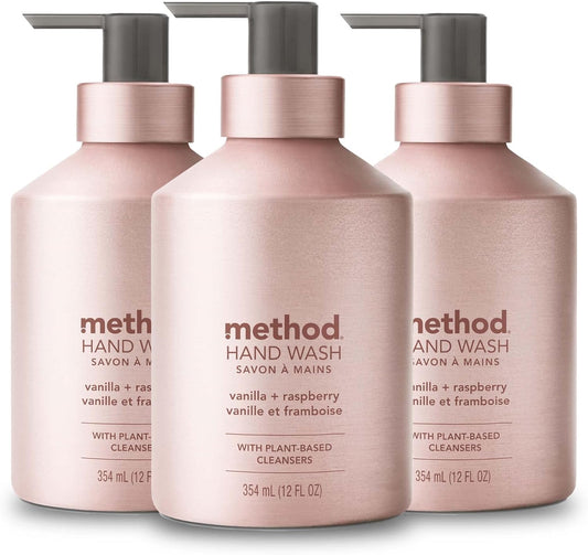 Method Gel Hand Soap - Vanilla & Raspberry Scent | Reusable Pink Aluminum Bottle, 12 oz (Pack of 3)