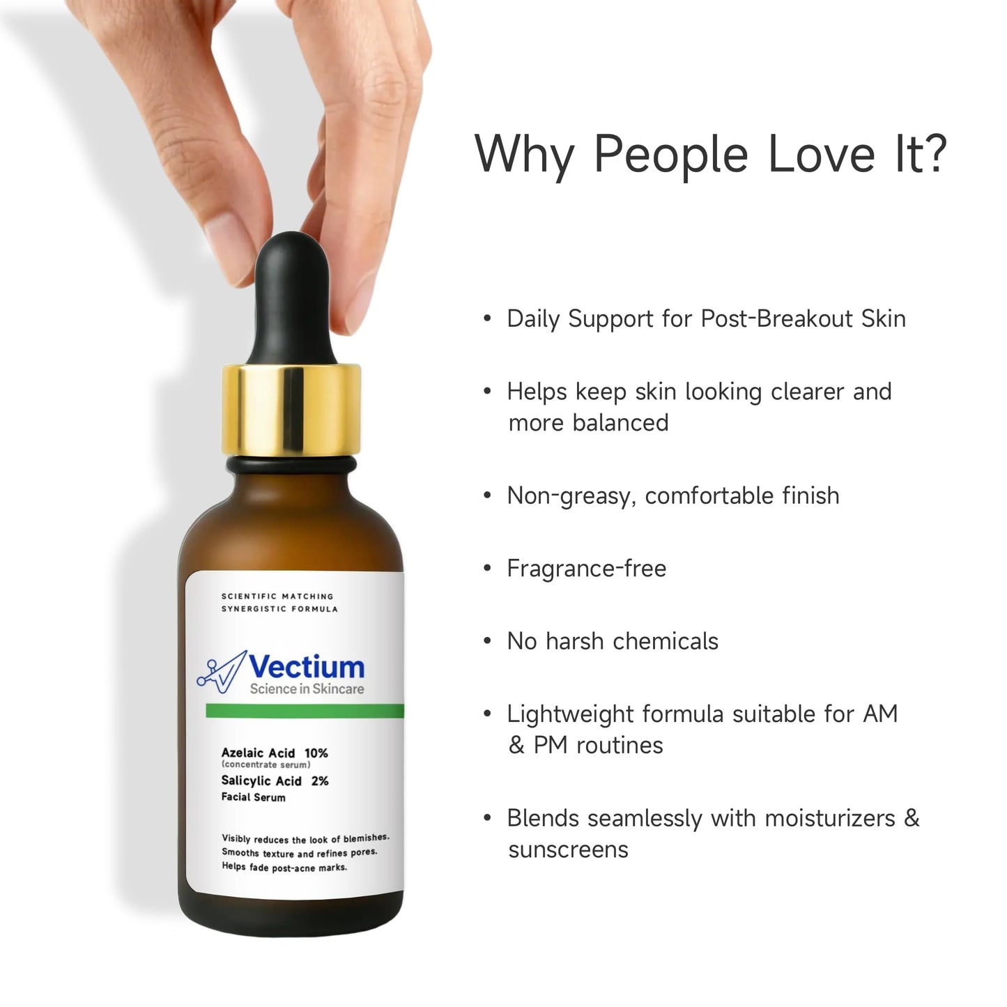 Vectium Azelaic Acid 10% + Salicylic Acid 2% Facial Serum for Oily & Blemish-Prone Skin, Daily Post-Breakout Care, Lightweight Serum, 30ml (1 Fl Oz)