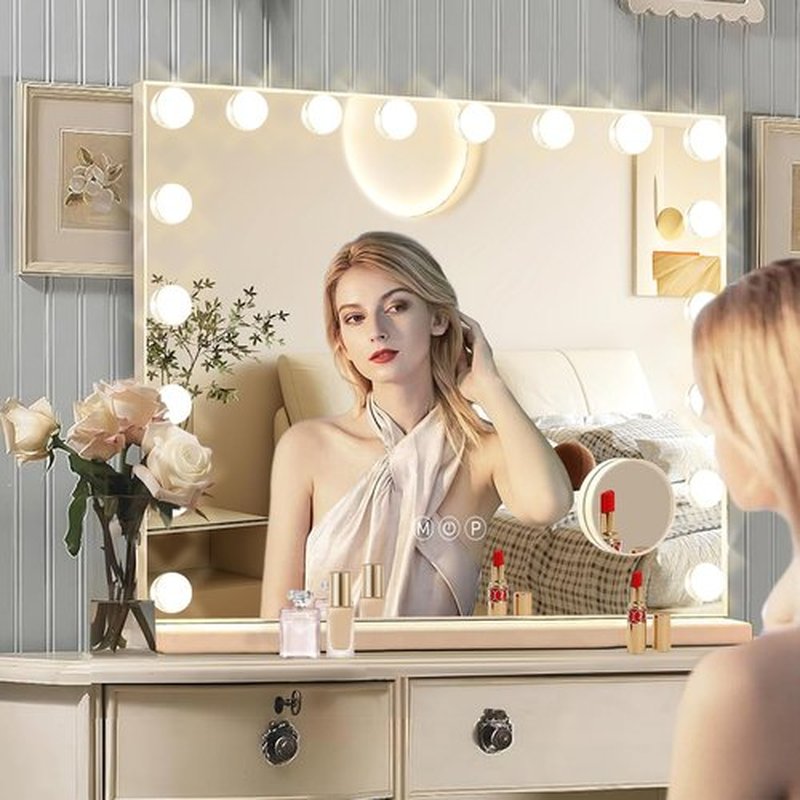 Ratsamee Hollywood Vanity Mirror with Lights, 18 Bulbs，3 Color Lights，Make Up Lighted Mirror, Aluminum Metal Frame,USB Charging Port（32" x 24"）