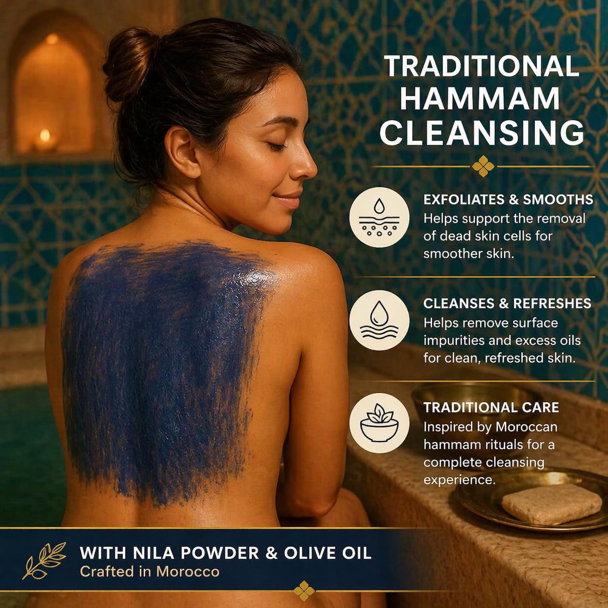 Feriha Moroccan Black Soap, Indigo, Sahara Nila, 100% Natural, Artisan Beldi Soap, Crafted & Packed in Morocco - Traditional Hammam Formula