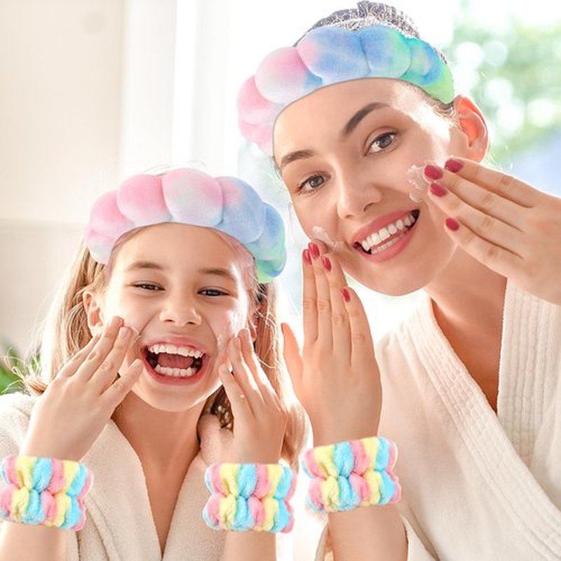 Zkptops Spa Headband for Washing Face Wristband Set Sponge Makeup Skincare Velvet Fabric Bubble Soft Get Ready Hairband for Women Girl Puffy Padded Headwear Non Slip Thick Hair Accessory(Tie Dye 2)