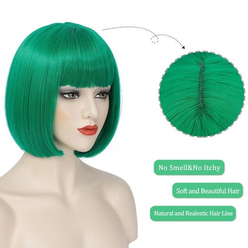 YBYMCAI Green Bob Wig With Bangs Short Dark Green Bob Wigs For Women Straight Bob Bangs Wig 10 Inch Heat Resistant Synthetic Hair Natural Looking For Daily Party Use