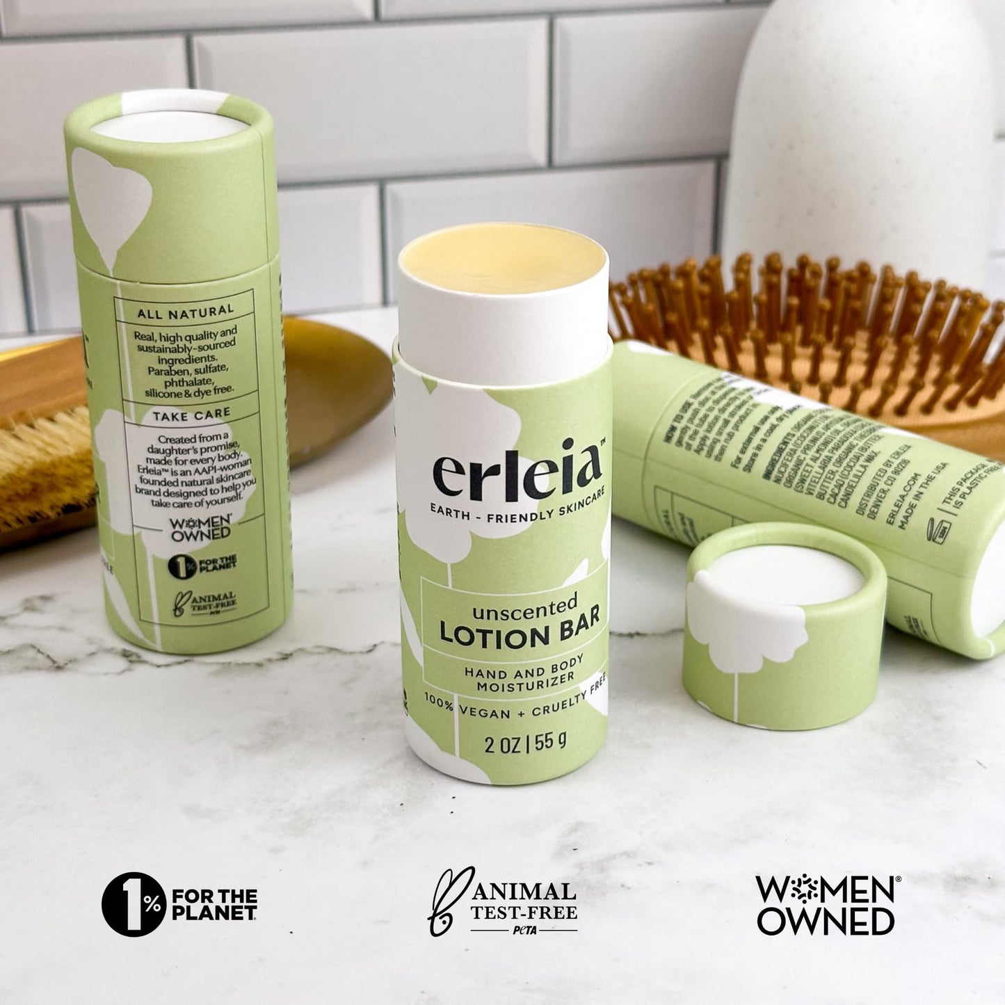 Erleia Travel-Friendly Lotion Bar, Vegan Cruelty-Free Plastic-Free, Sustainably Sourced Ingredients, Solid Moisturizer for On-the-Go Skincare, Unscented