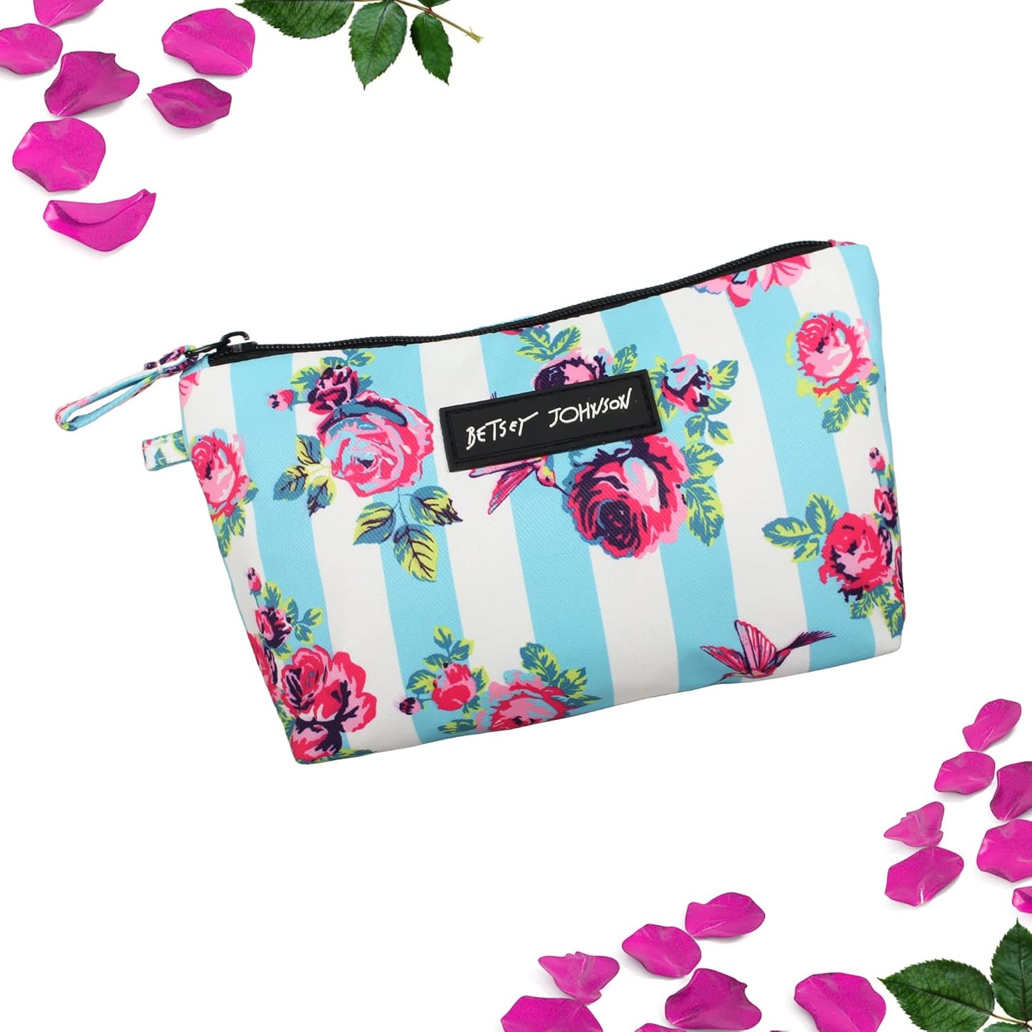 Betsey Johnson 8.5 Inch Zipper Cosmetic Pouch Small Toiletry Bag–Lightweight Durable Polyester Organizer with Inner Zipped Pocket Good For Makeup Accessories and Travel Needs (Covered Rose)