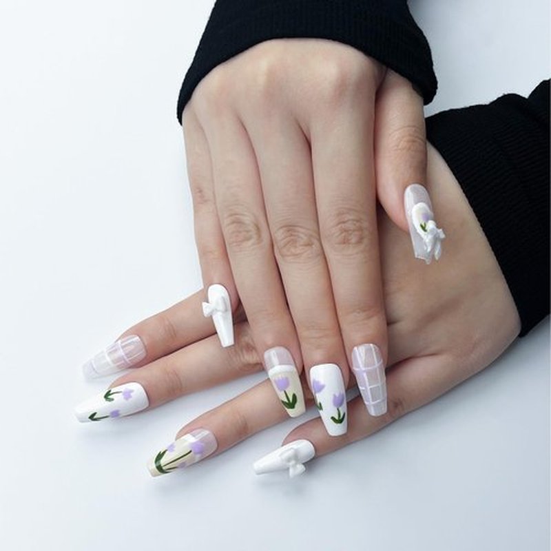 Wsiliana Almond Handmade Press on Nails Short Medium Acrylic Fake Nails Tips With Jelly Glue Flower Finish Nail 10Pcs (015-S)