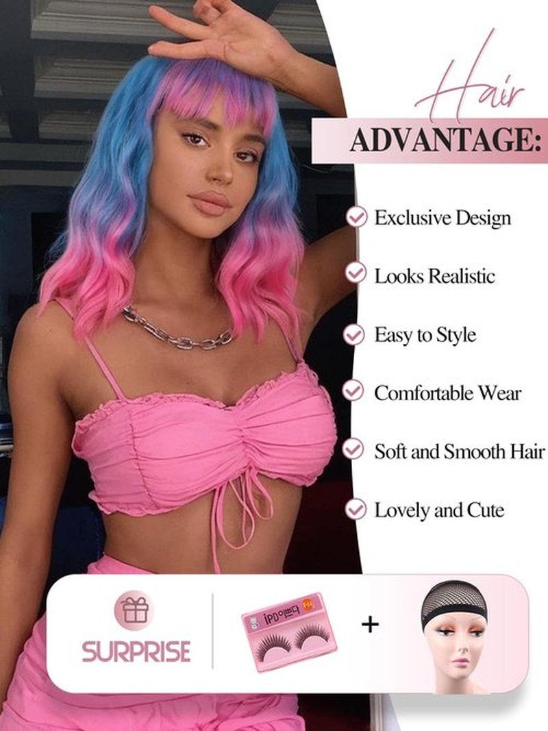 Fancy Hair Pink and Blue Wavy Bob Wig Short Wavy Wig with Bangs Glueless Wear and Go Wig Synthetic Shoulder Length Bob for Girl Women Daily Party Use