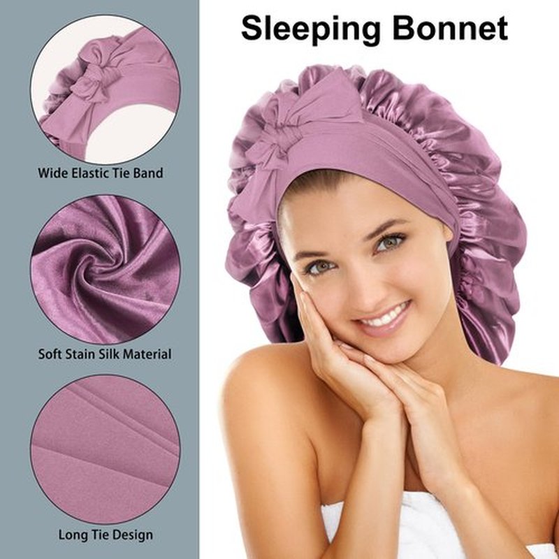 Arqumi 2 Pcs Satin Silk Bonnet for Sleeping Women, Large Long Strap Tie Band Adjustable Sleep Night Cap Hair Bonnet Wrap for Men, Black+Leather Red