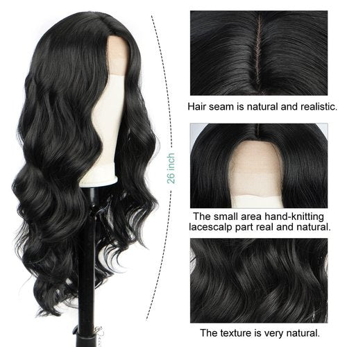 TOZIKA Long Black Wig for Women Wavy Wig Body Wave Lace Front Wig 26 Inch Middle Part Black Wigs Natural Looking Synthetic Heat Resistant Fiber Wigs for Daily Party Use