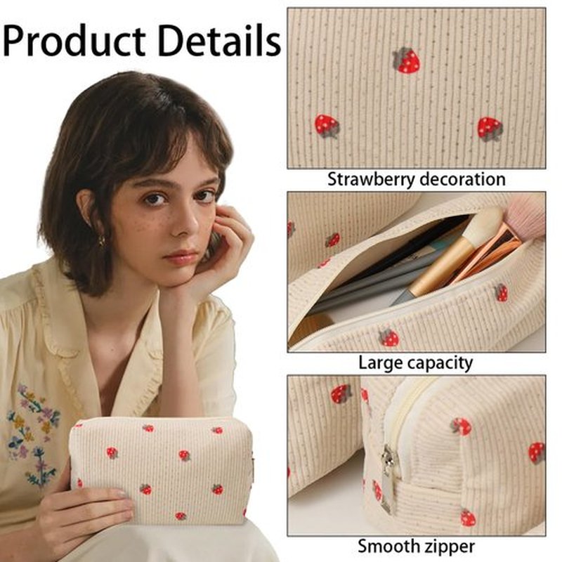 LYDZTION 3Pcs Corduroy Makeup Bag Cosmetic Bag for Women, Strawberry Makeup Bag Cute Small Makeup Bag Storage Bag Travel Toiletry Organizing Bag Pouch,Strawberry