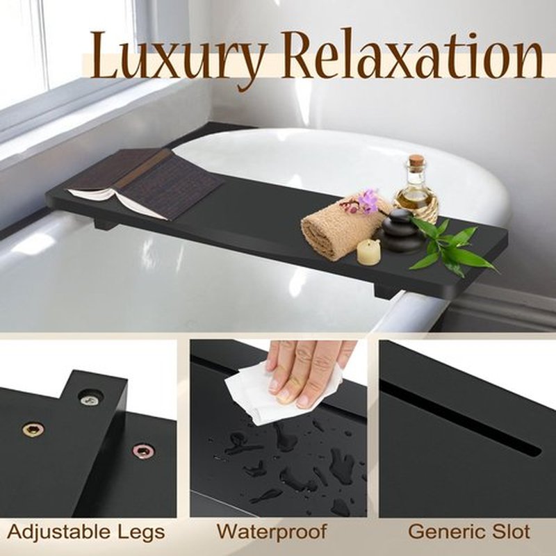 Stylish Black 1.2IN Thickened Board Bamboo Bathtub Tray Caddy with Adjustable Legs, Minimalistic Design Bath Tray for Tub, Bathtub Accessories, Fits Most Bath Tubs, Idea for Women