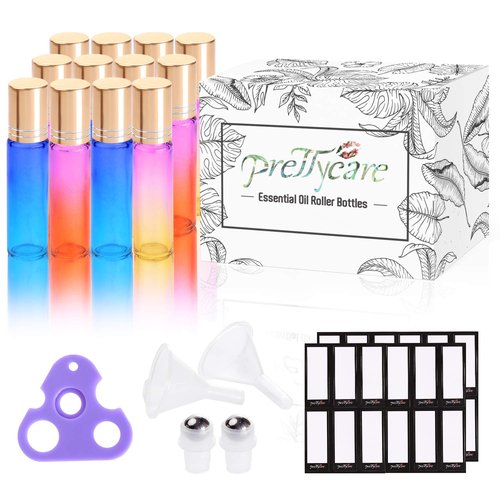 PrettyCare Roller Bottles 10ml (12 Pack Rainbow Glass, Golden Cap, 24 Labels, 2 Extra roller balls, Opener, 2 Funnels) for essential oils, Roll on Bottles