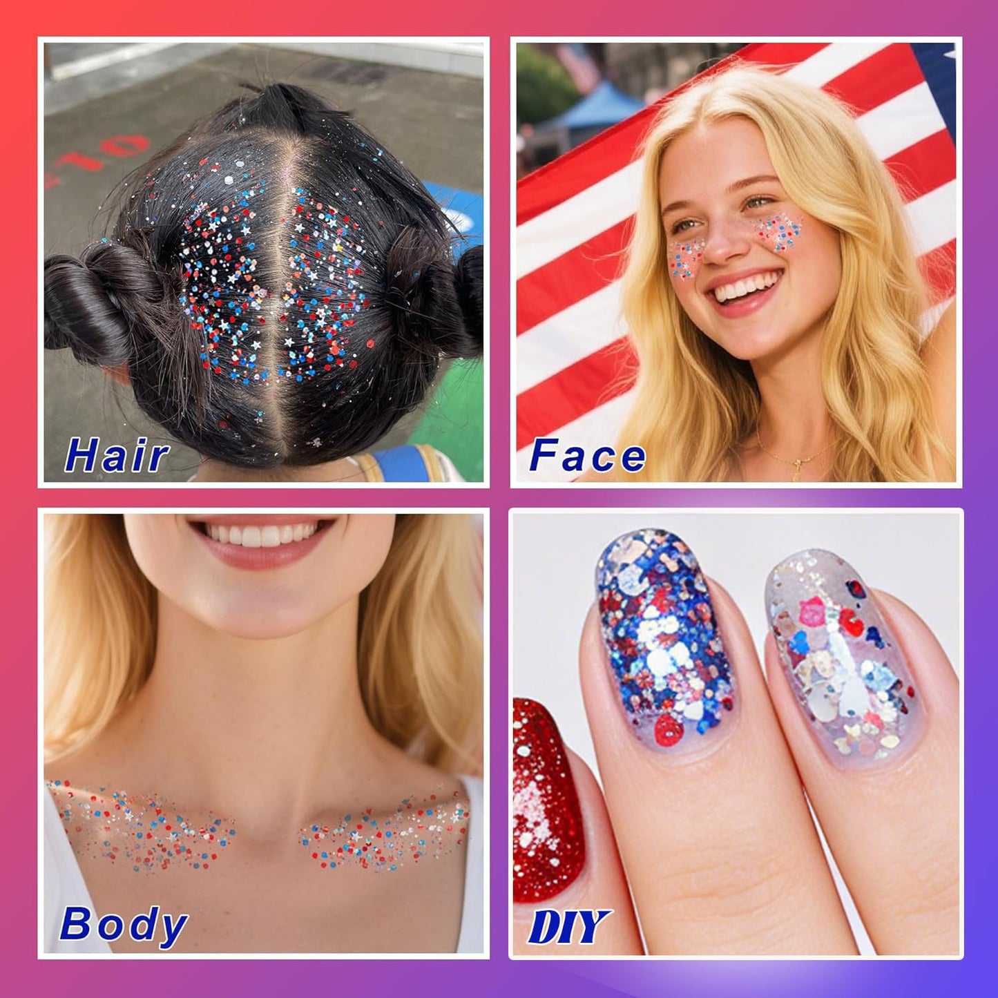 Red White and Blue Body Glitter, 4th of July Glitter Stick, Hair Glitter for Kids, 4th of July Outfits for Women, Self-Adhesive Face Glitter Makeup for Patriotic Independence Day and Veterans Day
