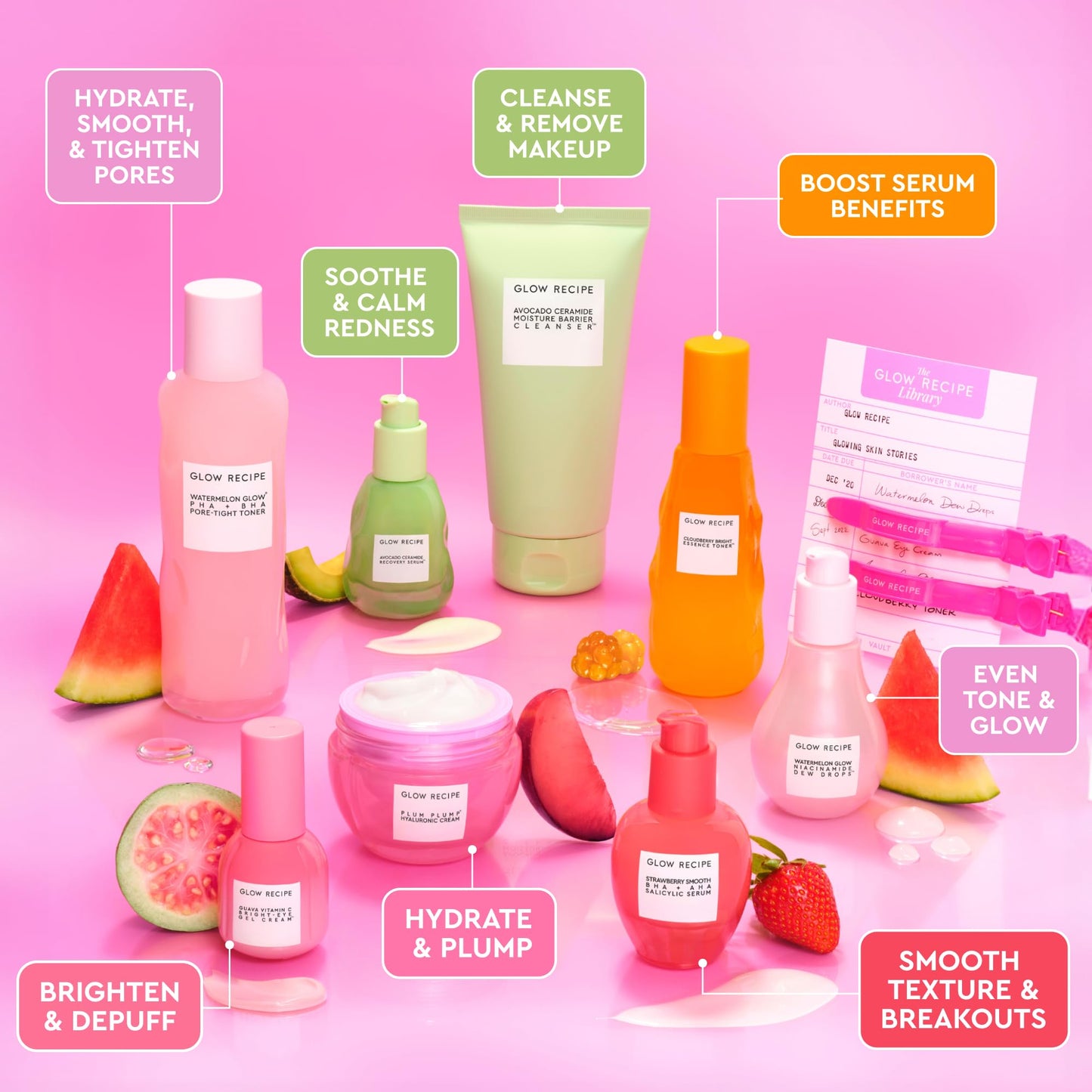 Glow Recipe Library Skincare Gift Set - Avocado Face Wash + Face Serum + Facial Toner + Guava Eye Cream + Hyaluronic Acid Moisturizer + Dew Drops + Strawberry Smooth Serum + 2 Hair Clips (10 Count)