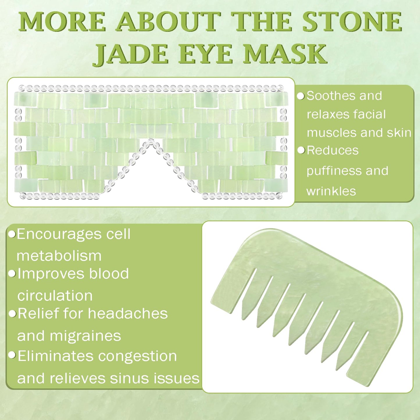 Halfchet Jade Eye Mask and Jade Comb Set Includes Weighted Eye Mask to Eliminate Wrinkles Puffiness Headache and Migraine Relief Handheld Natural Jade Massage Comb for Head Caring Therapy