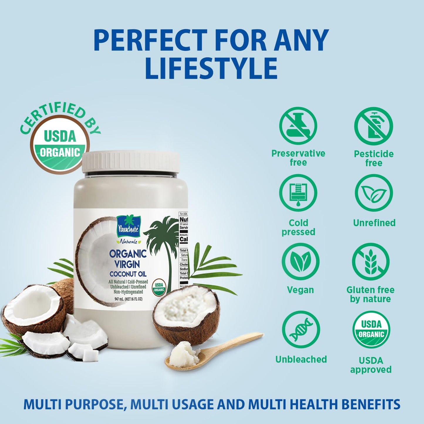 "Parachute Naturalz Organic Virgin Coconut Oil | Cooking Oil, Hair Oil, Body Oil & Oil Pulling | Cold Pressed | Unbleached | Unrefined | Non-Hydrogenated | MCT Oil | USDA Certified | 32 Fl. Oz | Plastic Jar"