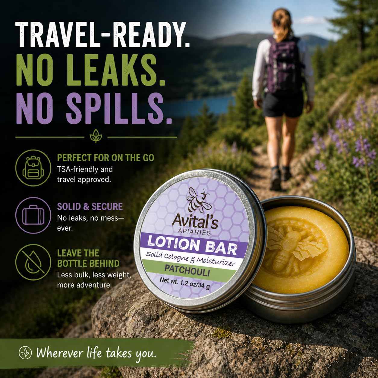 Avital's Apiaries Patchouli Lotion Bar – Solid Moisturizer with Shea Butter & Beeswax – Natural, Plastic-Free Body Lotion for Dry Skin – Travel-Friendly, Waterless Skincare