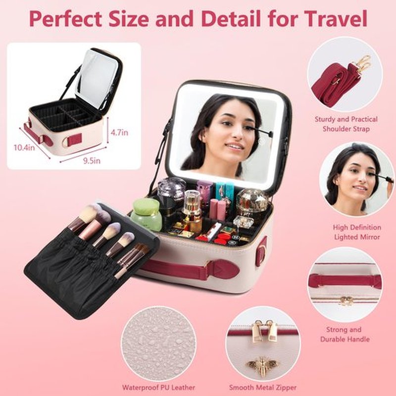 GERYUAEG Travel Makeup Bag with Mirror of LED Lighted, Rechargeable Cosmetic Train Case Artist Makeup Organizer for Women with Adjustable Dividers, Makeup Brushes Holder and Strap (White)