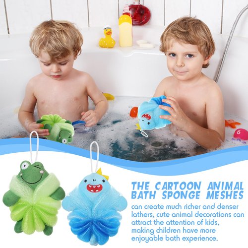 Nuenen 2 Pcs Bath Loofahs Kids Toddler Body Loofahs Cute Cartoon Kids Loofah Kid Bath Sponges Loofah Bath Pouf Body Scrubber Mesh Loofah Sponges for Children Shower Washing (Shark, Frog)