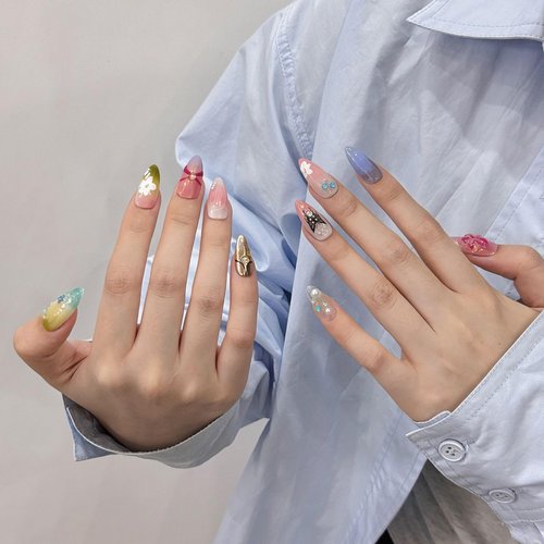 Wsliana Handmade Press On Nails - Almond Shape with Multicolor 3D Embossed Design, 10pcs Glue On Acrylic Fake Nails with Storage Box | Stylish & Long-Lasting Nail Kit (060 S)
